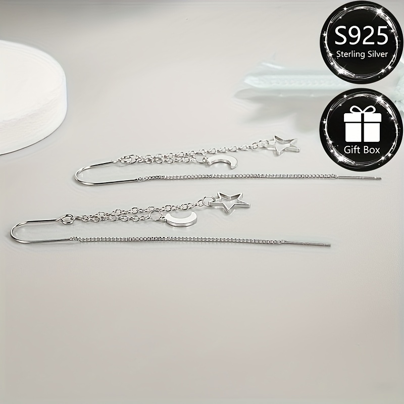 Fashionable S925 Silvery Tassel Long Earrings with Star and Moon Design